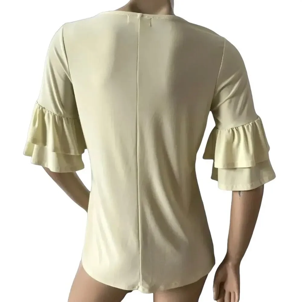 Faith and Joy Monteau Top Womens Small Yellow Ruffle Bell Sleeve Stretch Blouse